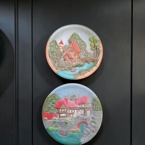 Hand-Painted Cottage Scene Chalkware Wall Plaques in Red and Green - Set of 2
